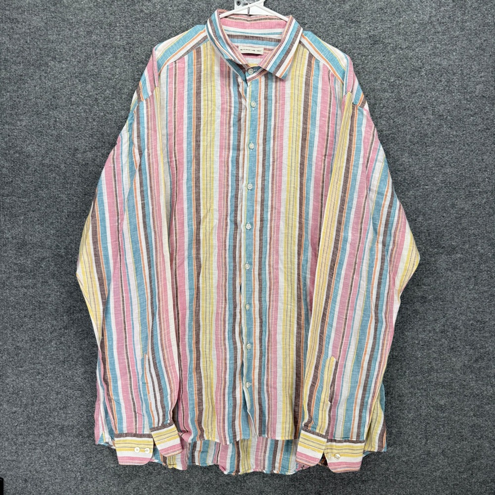 Etro Button Down Shirt‎ Mens 48 Multicolor 100% Linen Striped Long Sleeve Italy